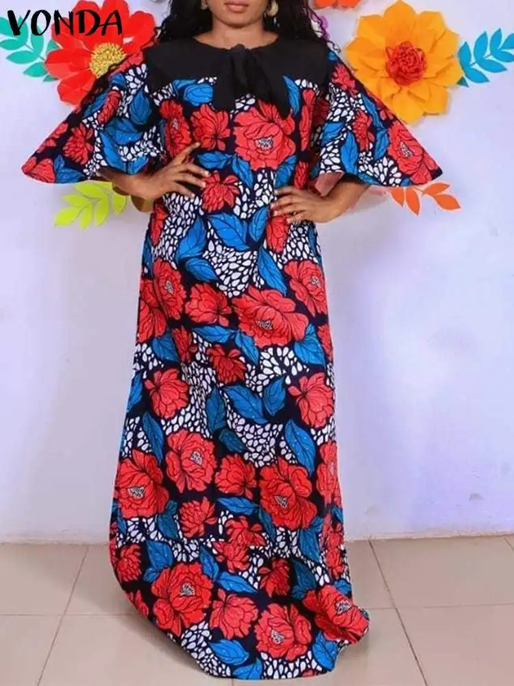 

Maxi Dress For Women 2023 VONDA Bohemian Casual A-Lined Printed Robe Summer Women Bow Flare Sleeve Long Maxi Vestidos Femininas