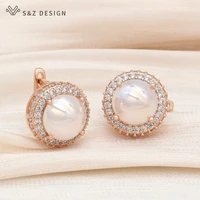 sz design new fashion luxury round simulated pearl drop earrings for women elegant wedding rose gold cubic zirconia jewelry