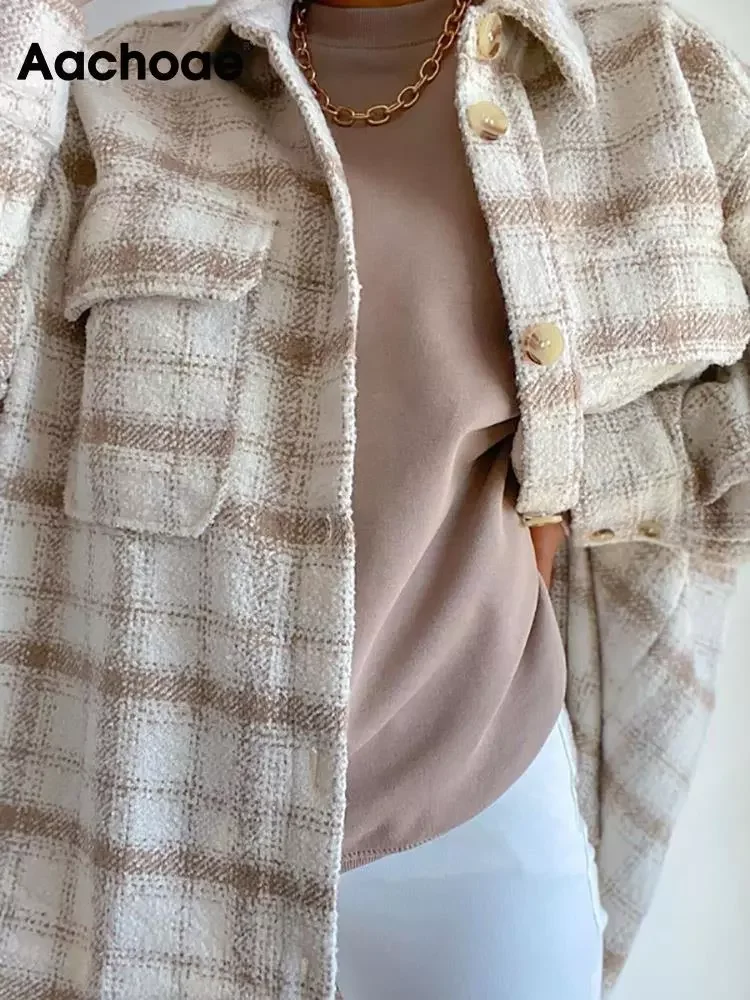 

Aachoae Women Plaid Single Breasted Jacket Coats Fashion Turn Down Collar Pockets Coat Female Streetwear Long Sleeve Spring Tops