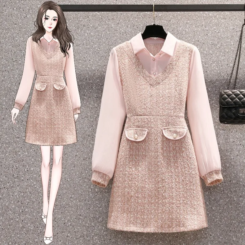 

Spring Fall Korean Women's Sweet Single-Breasted Party Casual Elegant Tweed Chiffon Patchwork fake two piece Dress Vestido 4XL