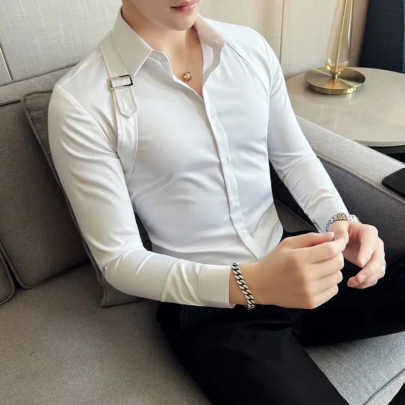 

New Fashion Strap Design Handsome Shirts For Men High Quality Long Sleeved Korean Style Mens Solid Shirt Camisas De Hombre 4XL-M