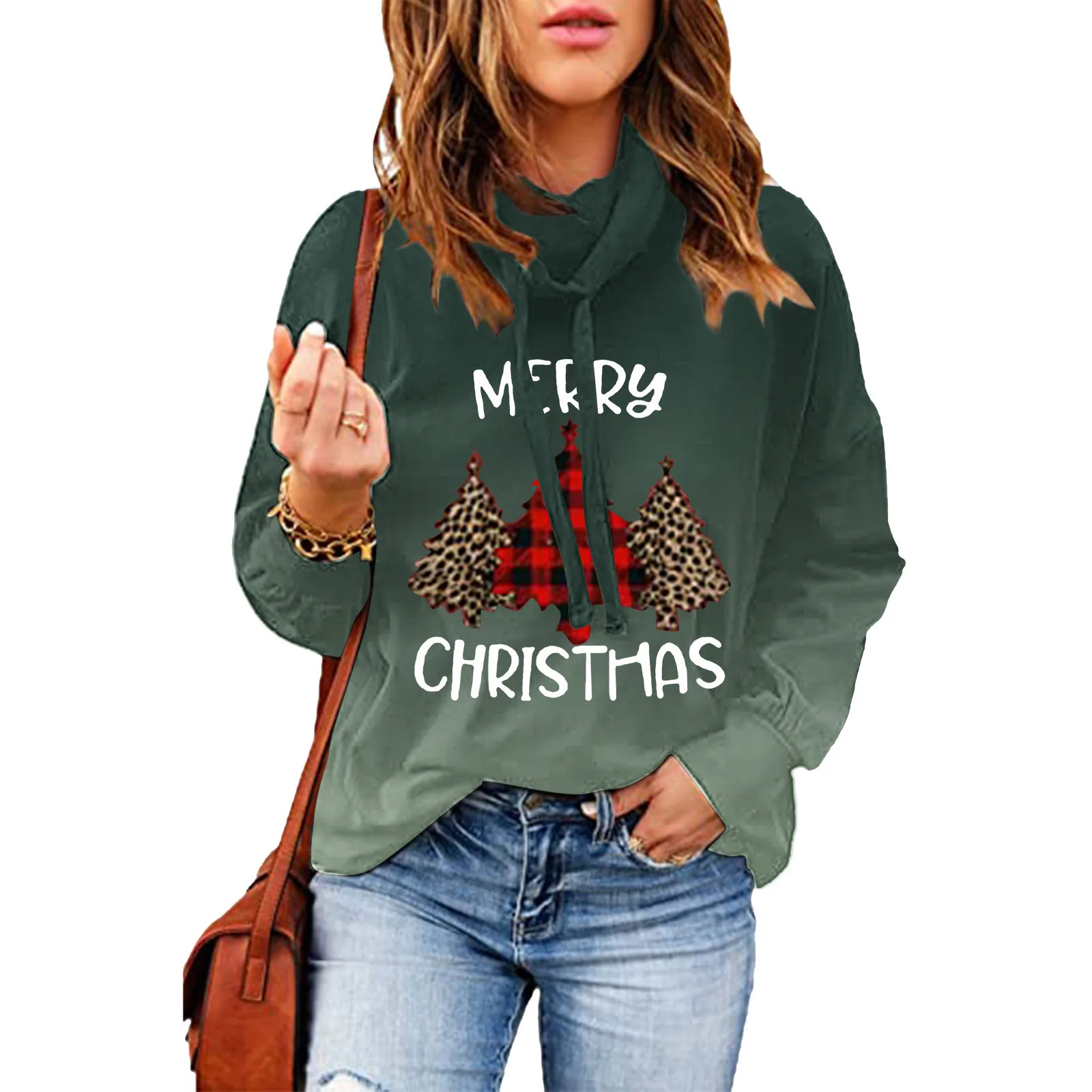 

Women Christmas Casual Long Sleeve Sweatshirt Gradient Christmas Tree Plaid Printing Cowl Neck aesthetic Running Workout