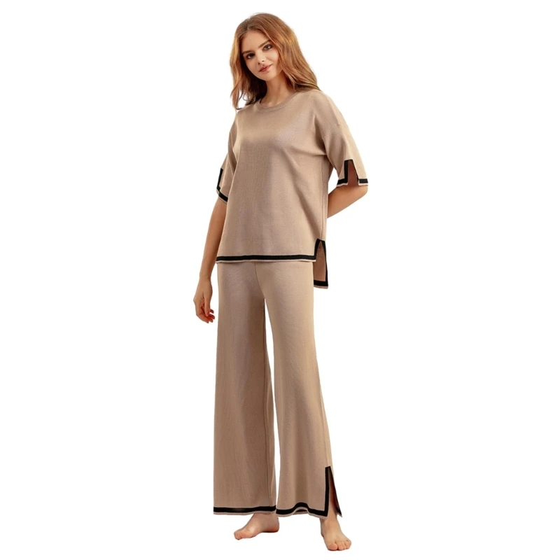 

Sweater Sets 2 Piece Sets Short Sleeve Knit Pullover Tops Wide Leg Pants