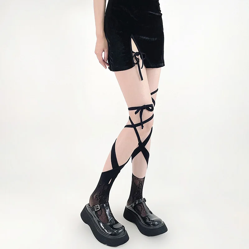 Jk Tie Lace Fishnet Stockings Irregular Split-toe Calf Socks Women's Middle Tube Sock Straps Summer Sexy Long Japanese Socks New