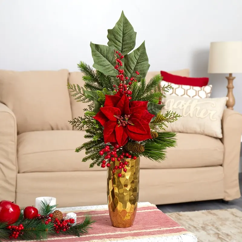 

32in. Poinsettia, Berries, Pine and Pinecone Artificial Arrangement in Gold Vase