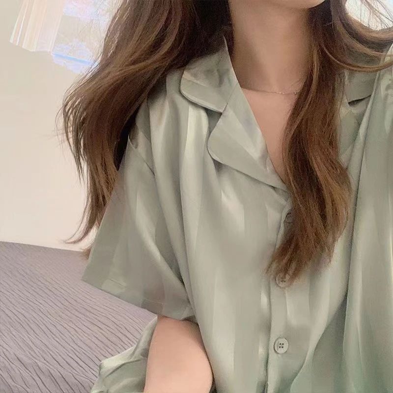 Pajamas women's summer short-sleeved Korean striped jacquard simulation silk home wear set plus size