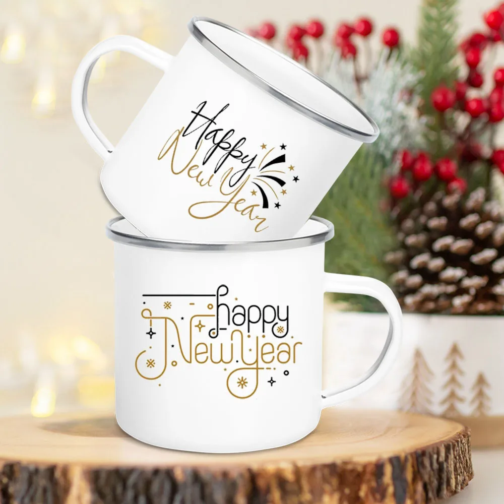 

Children Breakfast Milk Mug Holiday Gift for Family Happy New Year Print Mugs Enamel Coffee Cups Handle Hot Cocoa Chocolate Cup