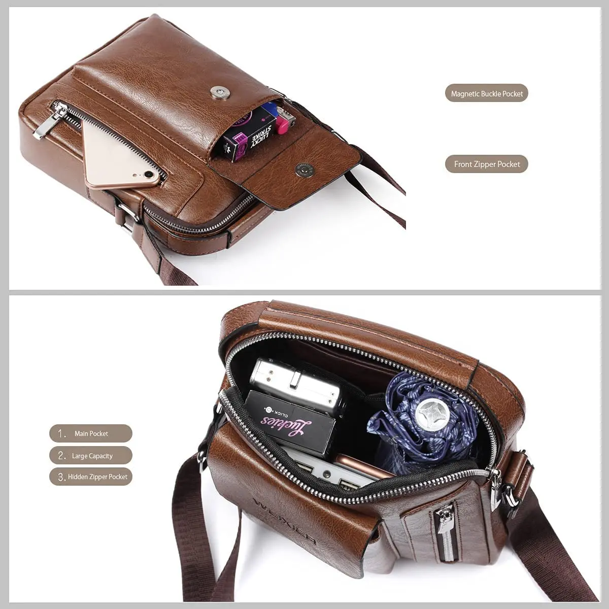 Small Crossbody Bag for Mens Leather Shoulder Bags Handbag Travel for Man Purse Sport Hiking Business Brown