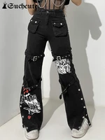 suchcute gothic bandage women baggy jeans punk style egirl black denim trousers y2k dark academia hight waist streetwear pants