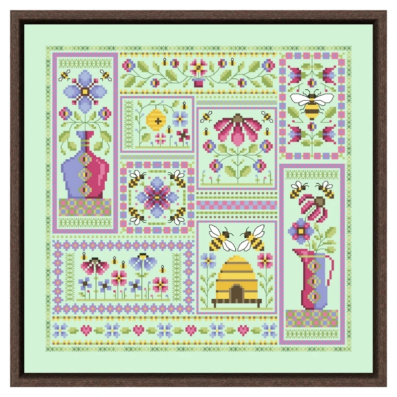 

Flowers and bees cross embroidery kit flower cartton design 18ct 14ct 11ct light green canvas Cross-stitch DIY needlework