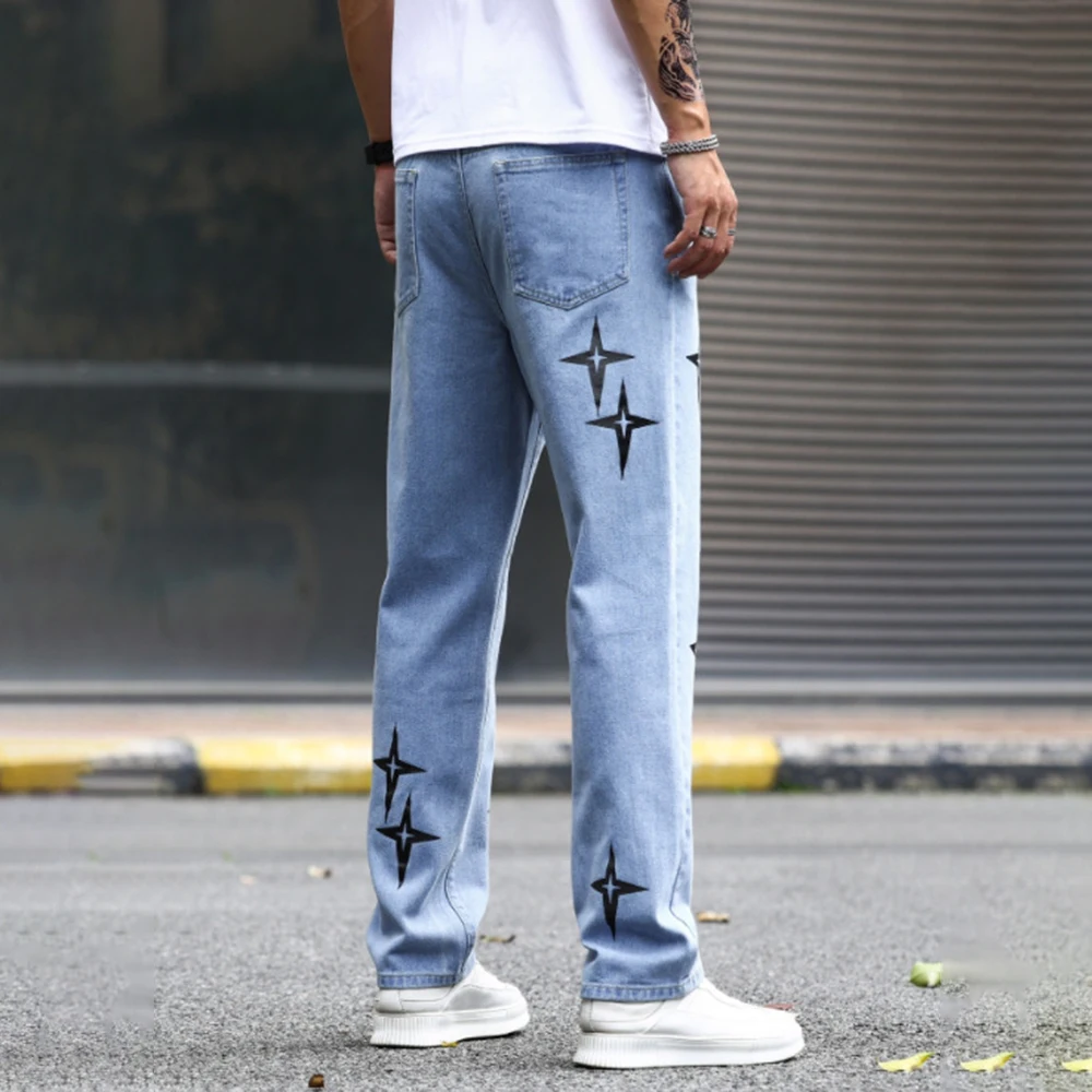 Print Star Pants Streetwear Baggy Men Jeans Korean Fashion Loose Straight Male High Street Hip Hop Japan Style Male Trousers