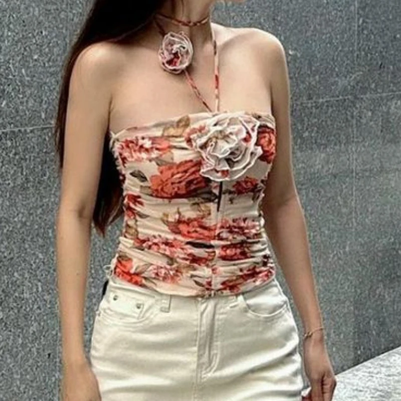 

PASSIONNÉ Rose Printed Vest Female Halter Lace-up Drawstring Folds Three-dimensional Flowers Slim Tops Women 2023 Summer New