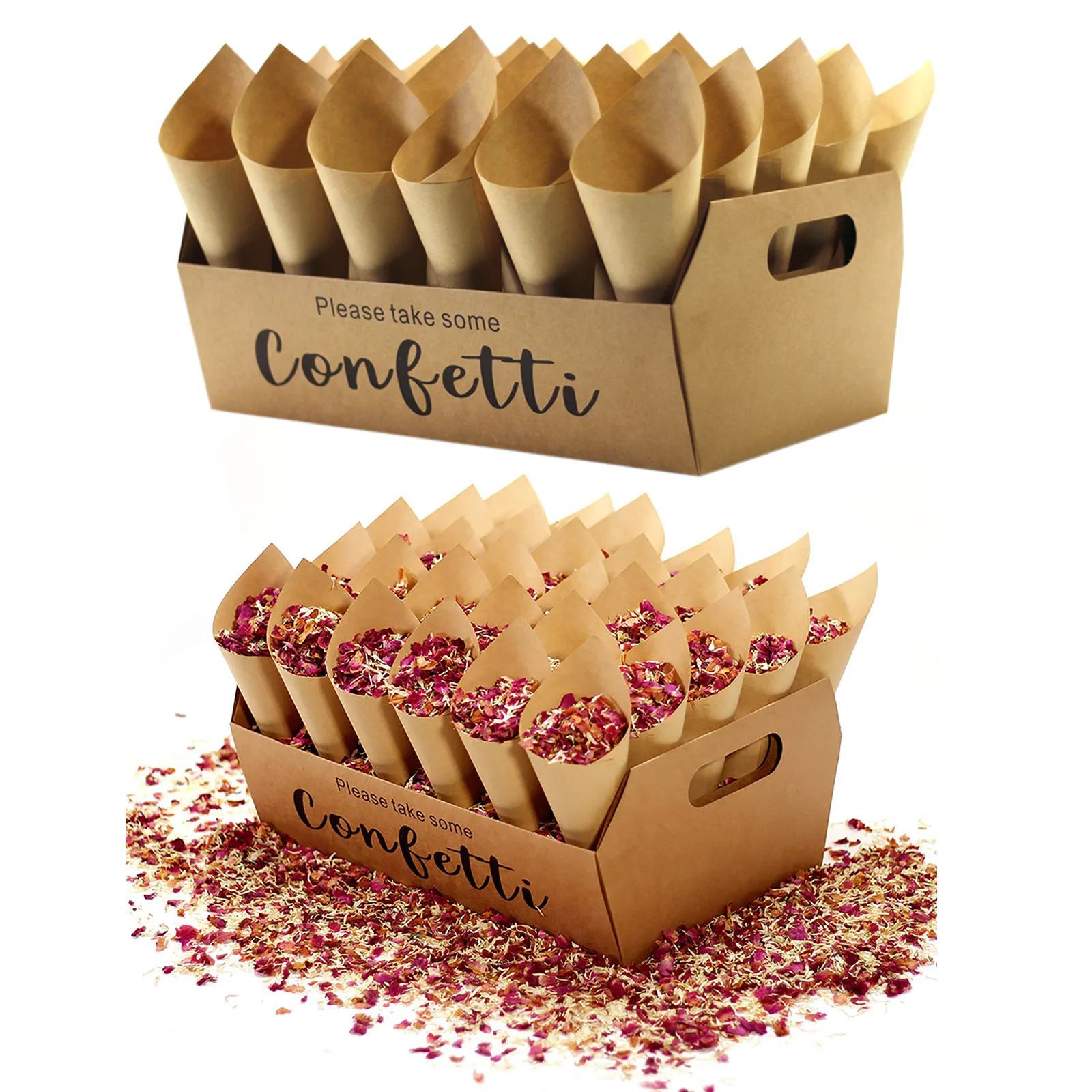 

32pcs Kraft Paper Wedding Confetti Cone Holder Support for Wedding Decor Confetti Cones Stand Box Tray Fake Flower Wedding Paper