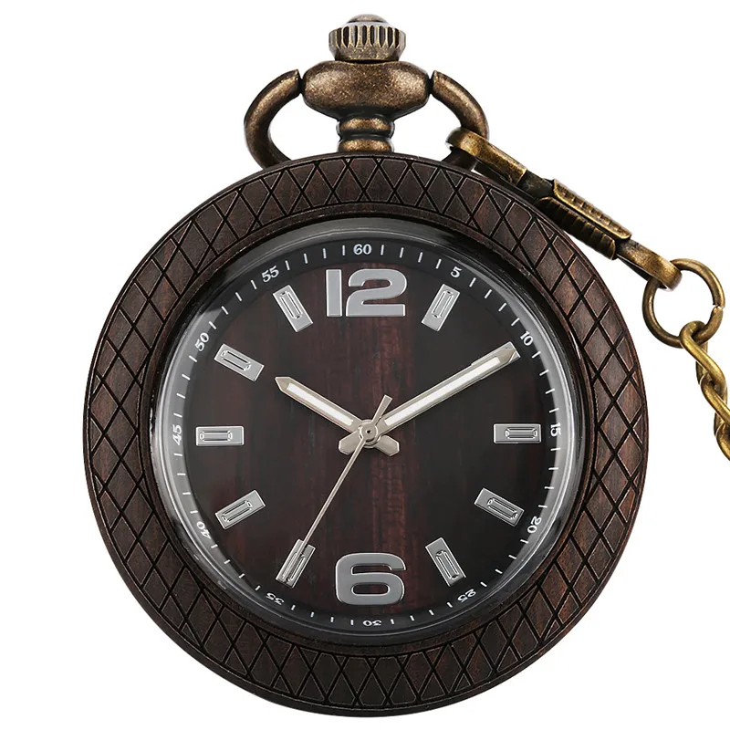 Antique Style Wood Pocket Watch Natural Wooden Quartz Analog Watches for Men Women Luminous Hands Pendant Necklace Chain Gift