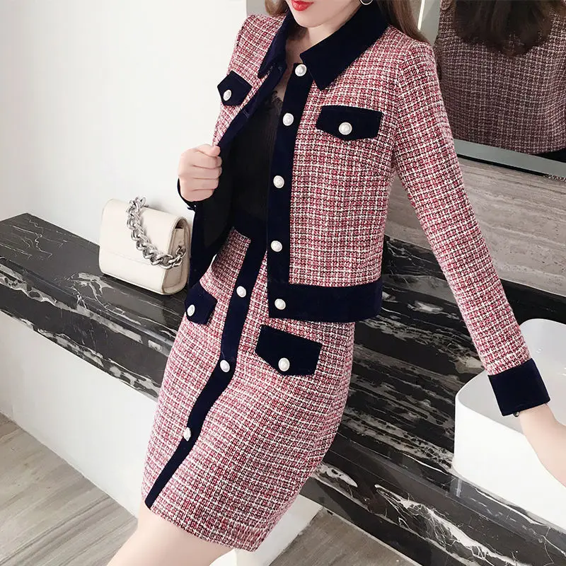 

New Woman Two Pieces Set Spring Single Button Patchwork Tweed Top and High Waist Mini Skirt Suits Ladies Fashion Outfits G527