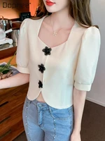 french style womens square collar short shirt 2022 summer new beige slim fit short sleeve flower button puff sleeve crop top