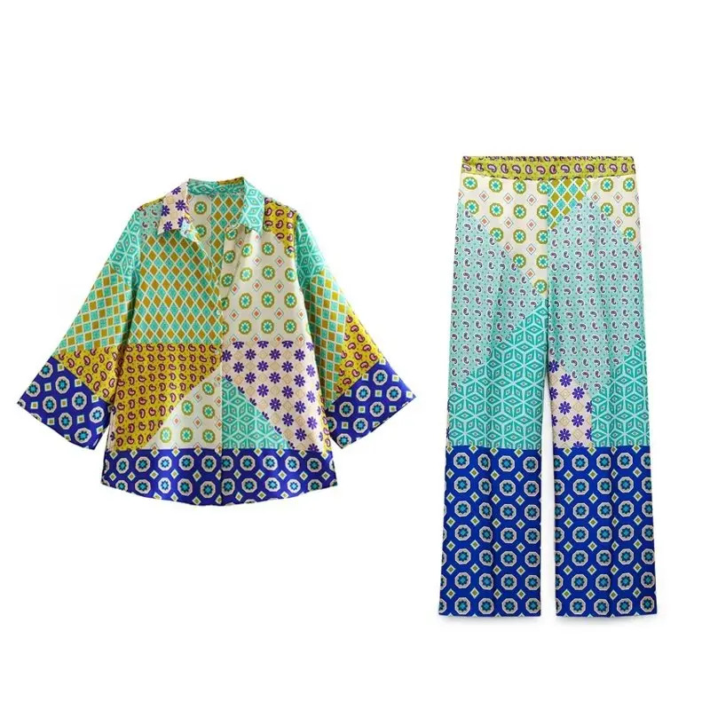 

Women 2023 New Fashion patchwork Print Blouses Vintage Long Sleeve Button-up Female Shirts Chic Tops