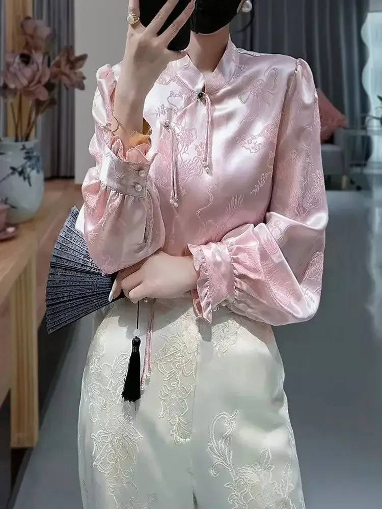 

Рубашка розовая на пуговицах, Топ с длинным рукавом, традиционная китайская женская одежда, весна и осень 2023, новинка, элегантный и милый темперамент