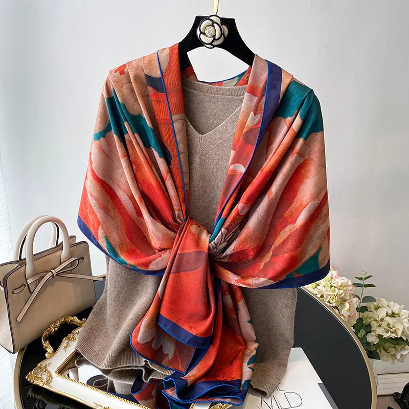 

2022 Silk Scarf for Women Luxury Double Side Floral Shawl Warps Bandana Hijab Neckerchief New Elegant Travel Beach Scarves