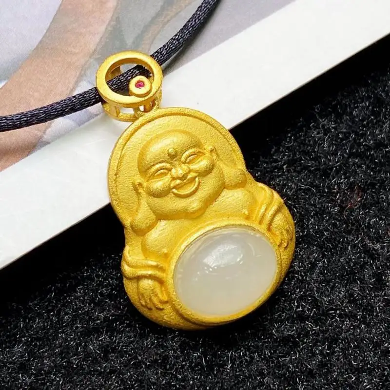 

925 Sterling Silver White Jade Golden Buddha Pendant Necklace Men Women Genuine Nephrite Hetian Jades Lucky Charms Amulets