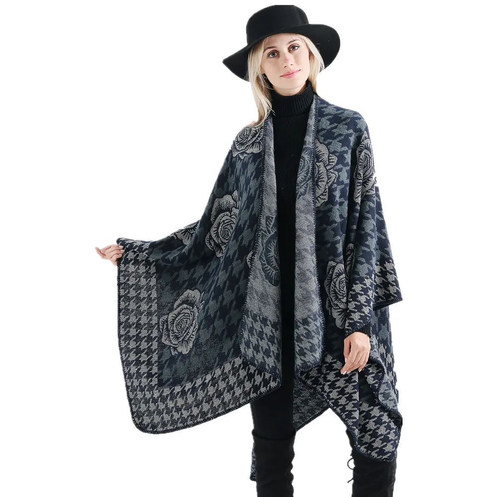 2022 Autumn Winter New Hot Selling Fashion Gold Flower Pattern Travel Imitation Cashmere Women Shawl  Poncho Capes Navy