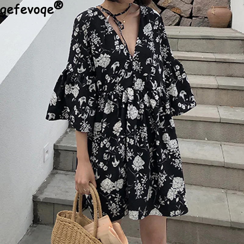

Summer New Fashion Casual Floral Loose Dress Deep V Neck Wear before and after Plus Size Dresses Refreshing Korean Women Clothes