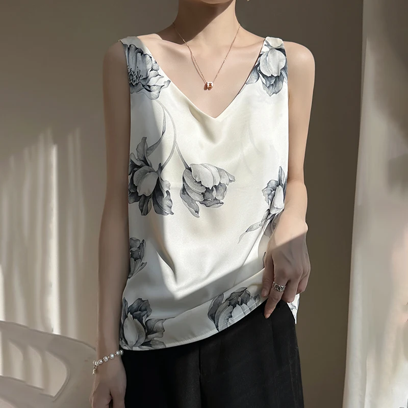 

Женский короткий топ с кружевом и принтом, Свободный Повседневный Топ из шелка с уксусной кислотой и V-образным вырезом, лето