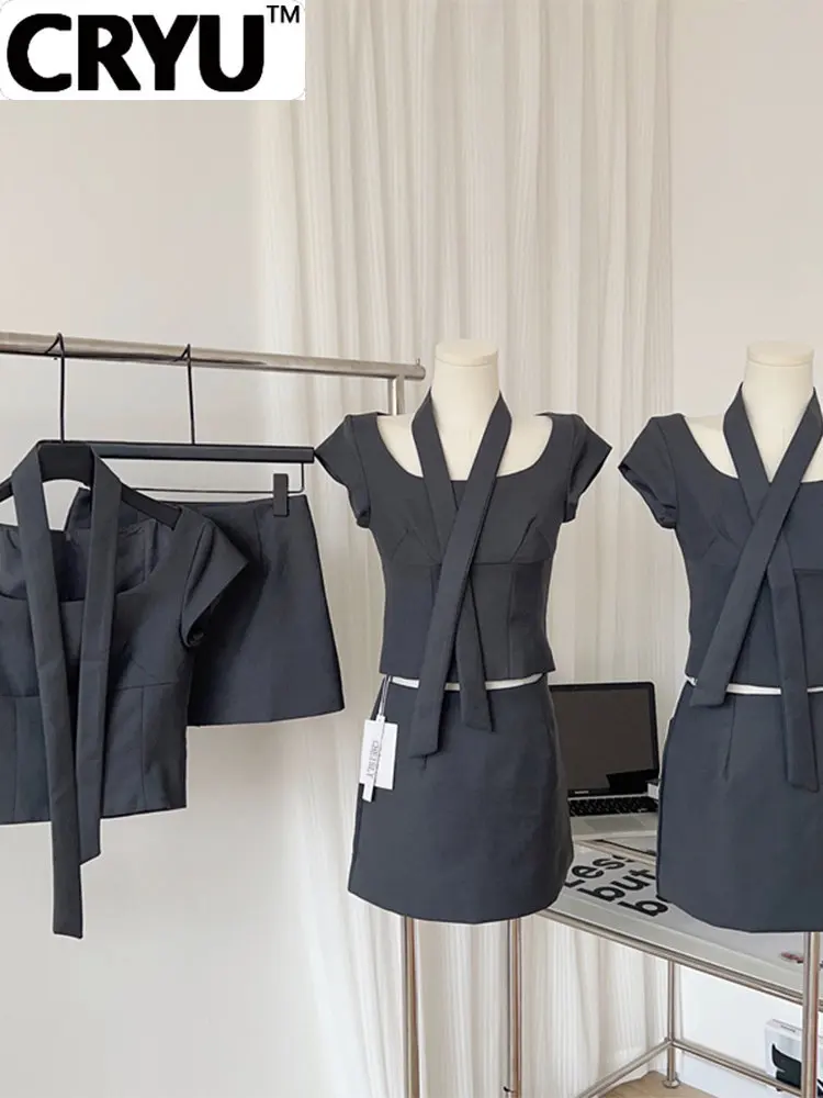 

2023 Summer Women Korean Fashion Office Lady Outfits 2 Piece Set Short Sleeve Square Collar Crop Tops + Aesthetic Mini Skirts