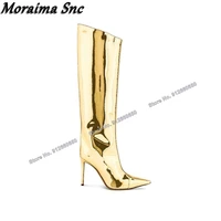 moraima snc gold patent leather zipper boots women knee high boots laser pointed toe stilettos high heels runway shoes on heels