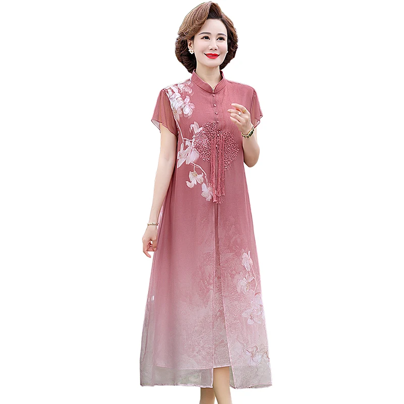 Chinese Style Dress Women Long Summer New Short-sleeved Dress Ladies Improved Cheongsam Dress Embroidery Elegance