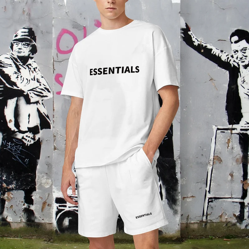 

Essentials Summer Short Sets Oversized Fashion Casual T Shirt Shorts Baggy Solid Color Hawaii Unisex Tee Men Women New Clothes