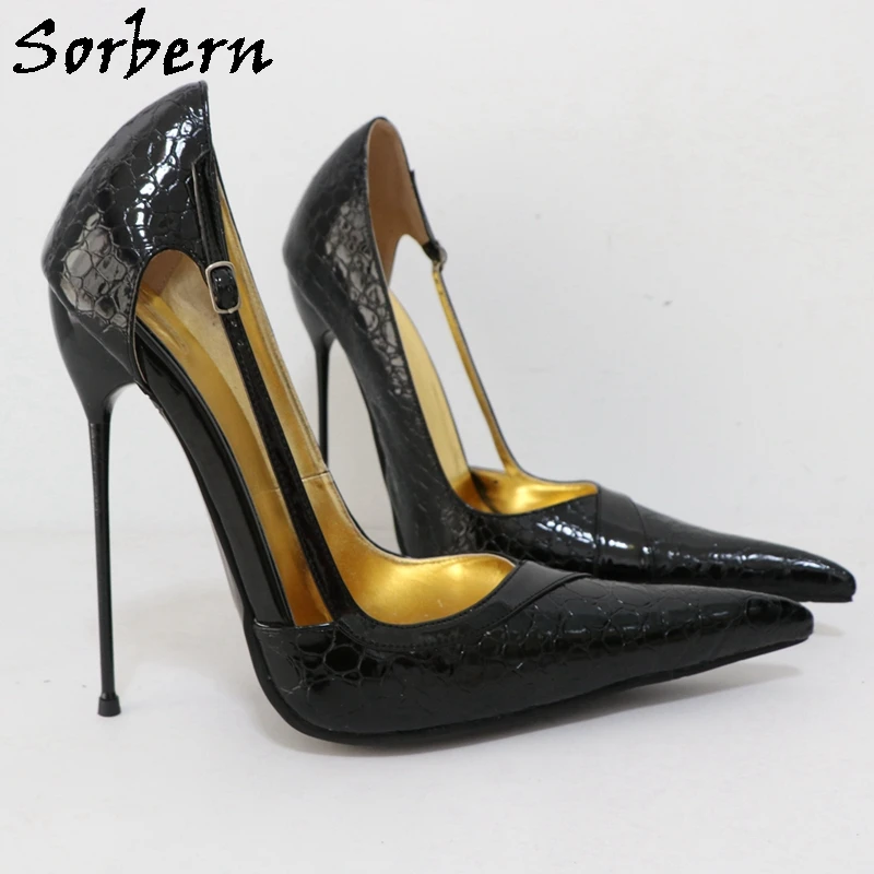 Sorbern Black Stone 16cm High Heels Pumps Hollow Out Pointed Toe Shoes Designer Style Night Club Footwear For Sissy Boy