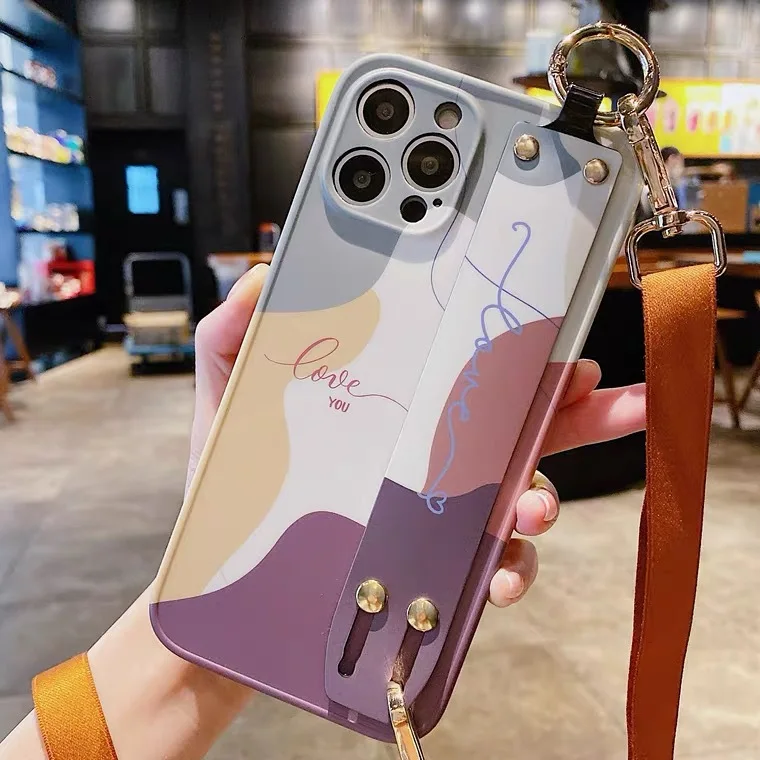 

10pcs Multicolor Slide Wrist Strap Band TPU Case with Lanyard for iPhone 14 13 12 Pro Max Plus Mini 11 X XS XR 8 7 Back Cover