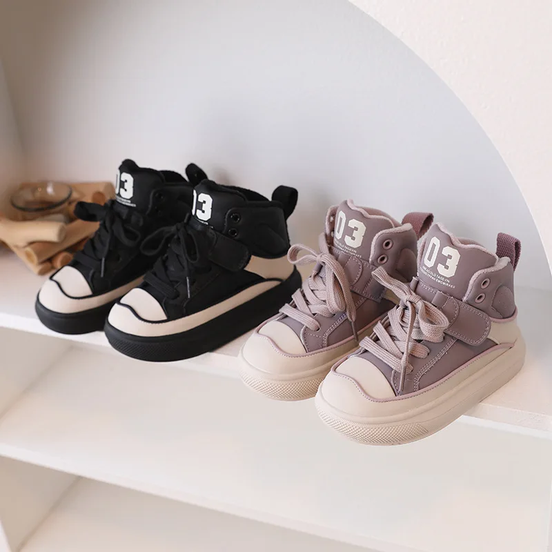 

2023 Winter New Children's Plush Thickened Casual Fashion Zhongbang Cotton Shoes Soft Sole Sneakers