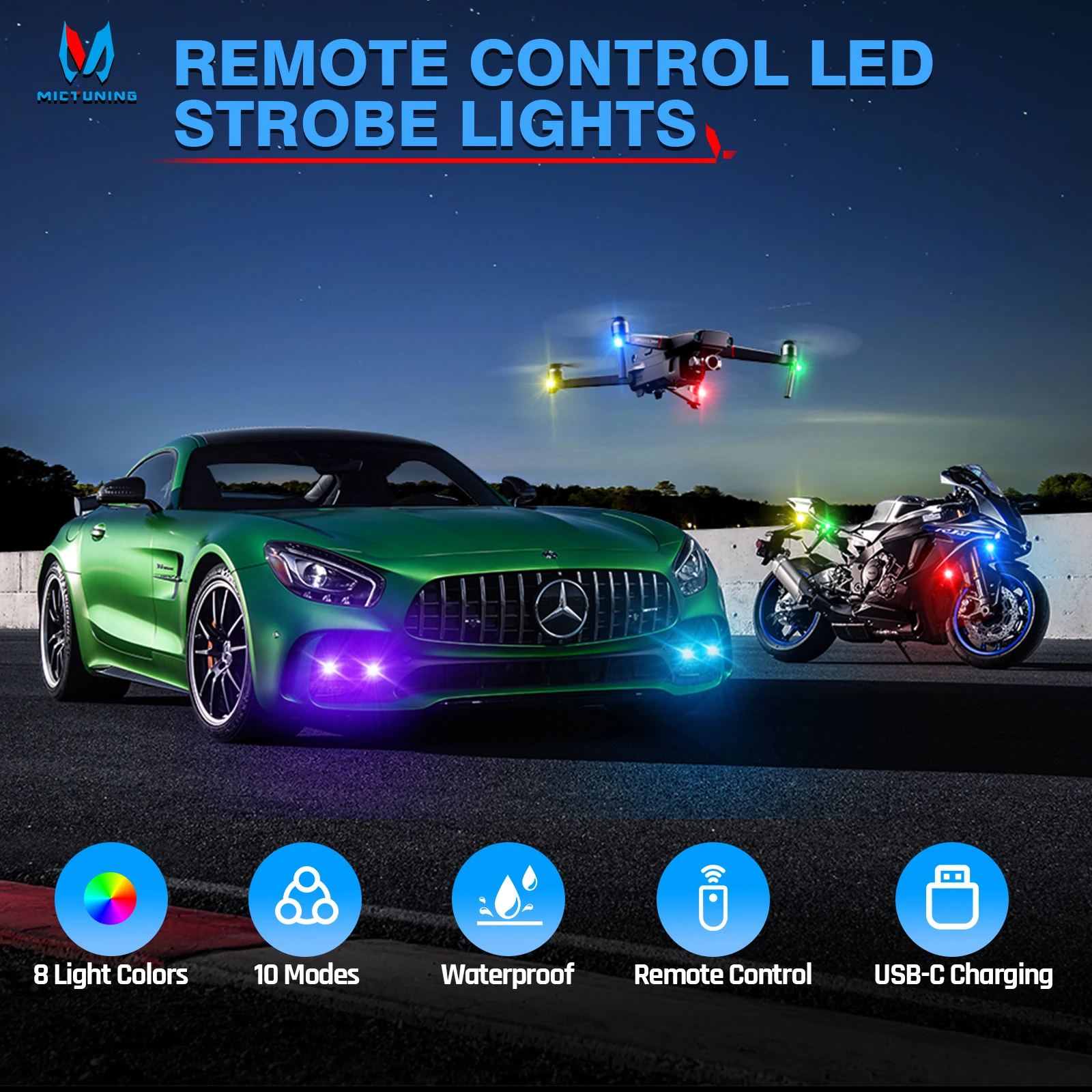 Фото MICTUNING Беспроводные светодиодные стробоскопы с дистанционным управлением, 8-цветные USB-зарядные фонари для предотвращения столкновений для автомобиля, мотоцикла, дрона №2