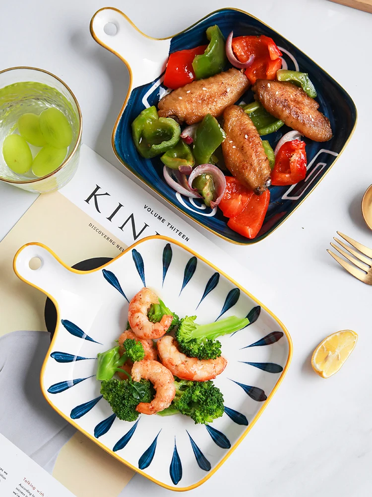 

Japanese Ceramic Dish Plate With Handles Creative Baking Pan Salad Snack Snack Plate Kitchen Oven Tool Tableware