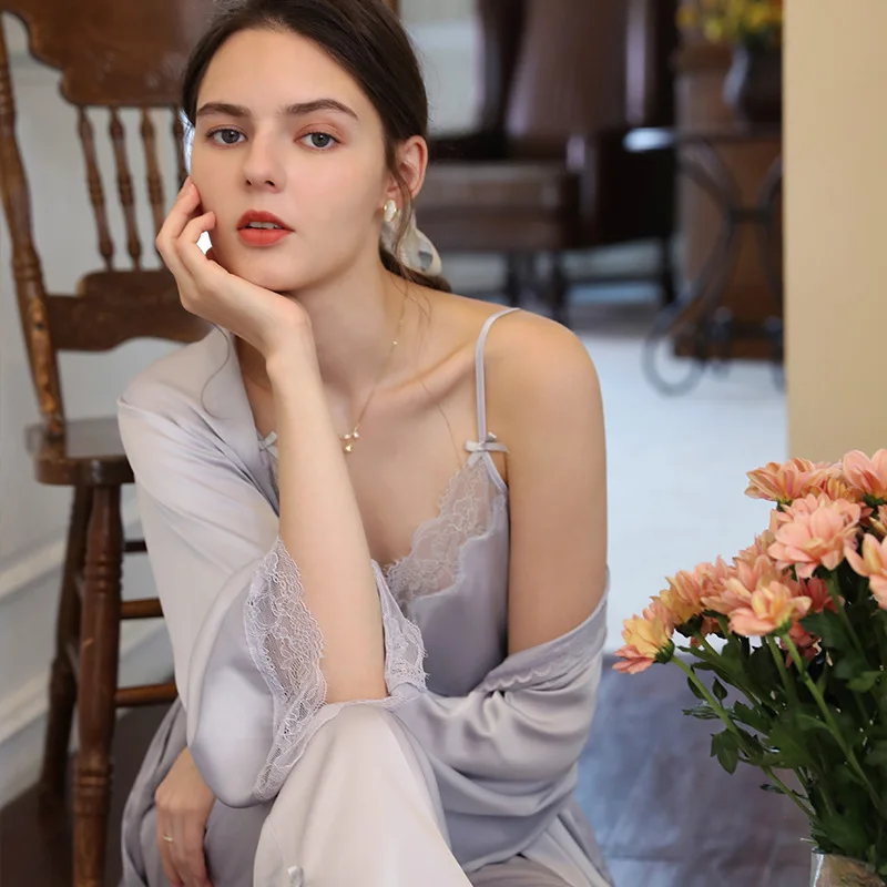 Women Sexi Three-Pieces Silk Night Robe Sleeveless Spaghetti Strap Pajamas Full Sleeves Morning Robe Cardigan Sleepwear New