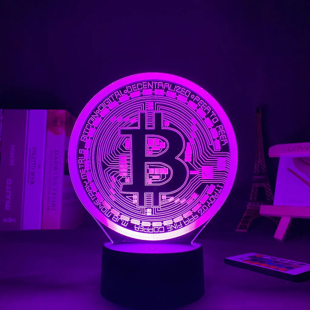 Последний 3D светодиодный ночник BTC Bitcoin для декорирования комнаты с сенсорным выключателем, сменой 7 цветов и питанием от батареек.