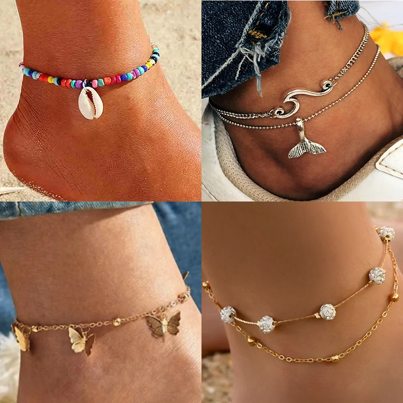 

Bohemia Anklets Set for Women Girl Summer Beach Foot Chains Gold Sliver Color Crystal Butterfly Anklet Barefoot Bracelet Jewelry