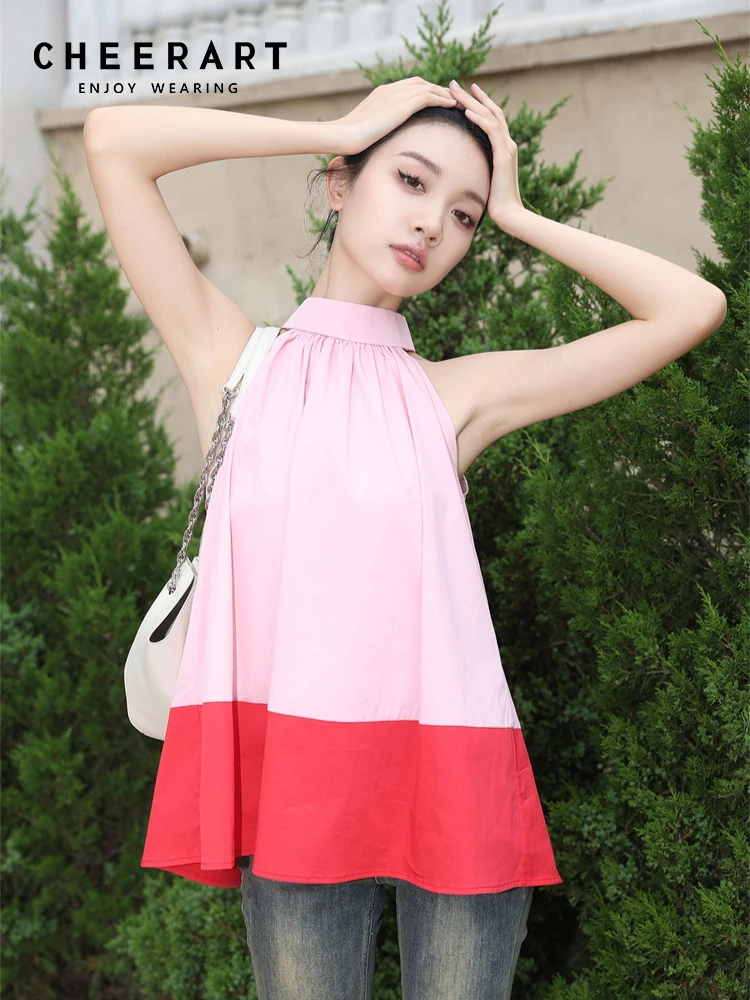 

CHEERART розовая Лоскутная майка без рукавов с воротником хомутом для женщин 2023 Летняя мода милый топ
