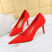 classic womens pumps red wedding shoes shallow mouth pointed silk high heels