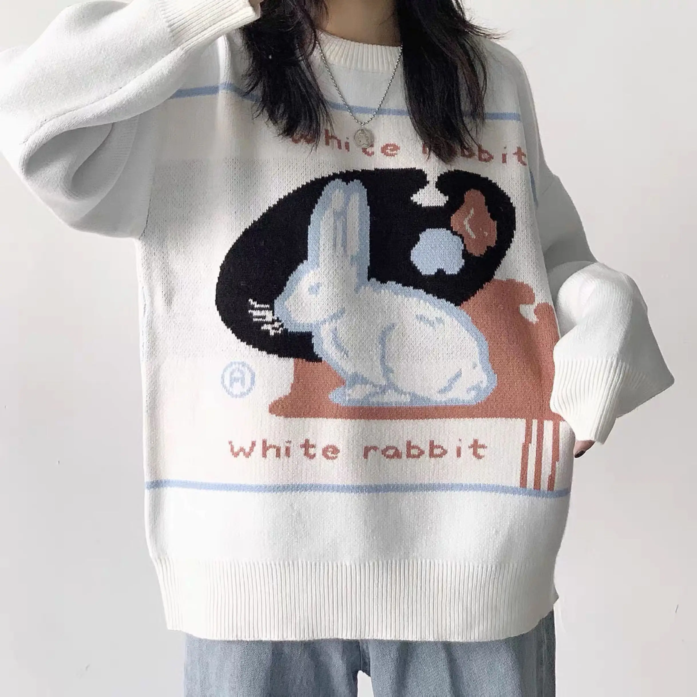 

Rabbit velvet core-spun yarn milk white rabbit sugar jacquard cute childlike round neck pullover warm loose winter sweater tops
