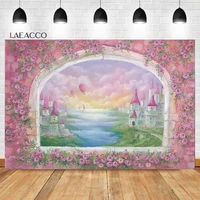 laeacco fantasy castle birthday backdrop pink flower brick wall hot air balloon girl baby shower portrait photography background