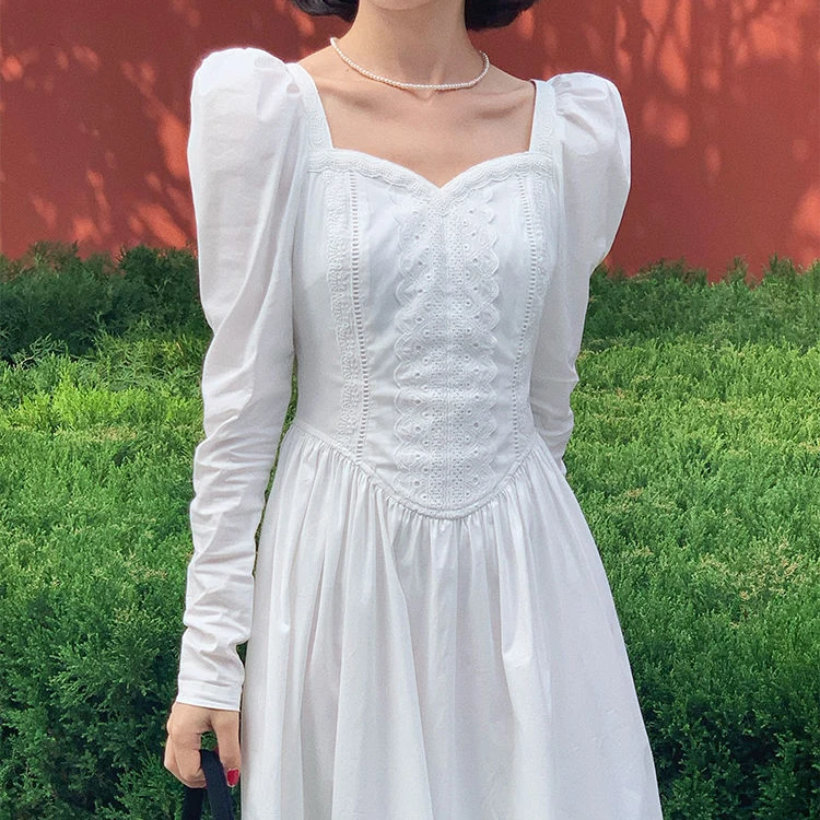 

French jacquard button loop dress french dress women vestido midi elegante chinese fashion Square Collar
