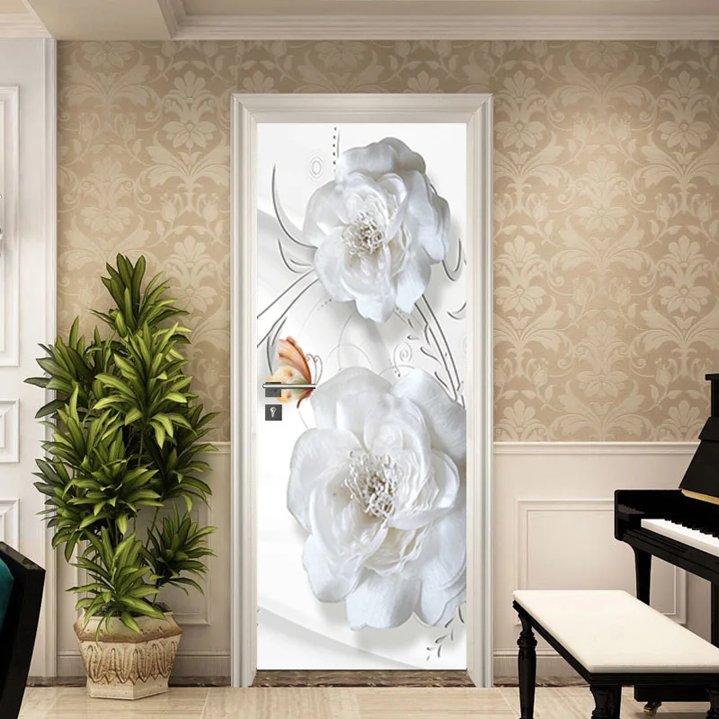 

Self-adhesive 3D Fashion Door Sticker White Peony Flower Renovation Sticker Bedroom Wooden Door Decorative Wall Sticker