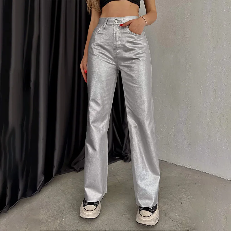 Женские блестящие металлические голографические прямые длинные брюки с