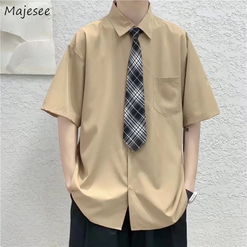 

Shirts Men Korean Fashion Handsome All-match Popular Summer Baggy Gentle Preppy Style Teens Camisa Solid Ins Male Unisex Clothes