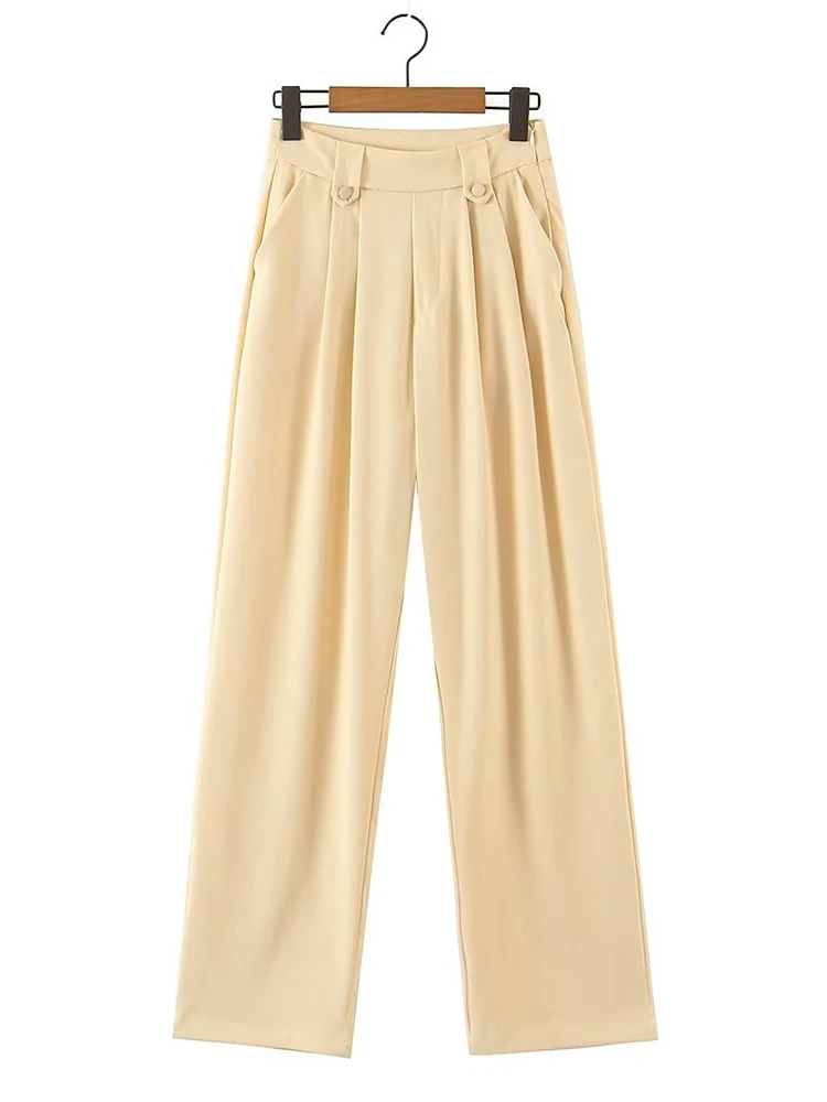 

YENKYE New Autumn Women Yellow High Waist Wide Leg Pants Front Pleated Office Ladies French Style Trousers