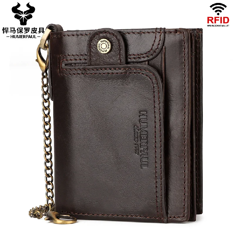 

HUMERPAUL Cowhide men's Wallet RFID Anti-Theft Brush Man Purses Leather Zipper Short Wallet With Large Capacity Card Purse BP950
