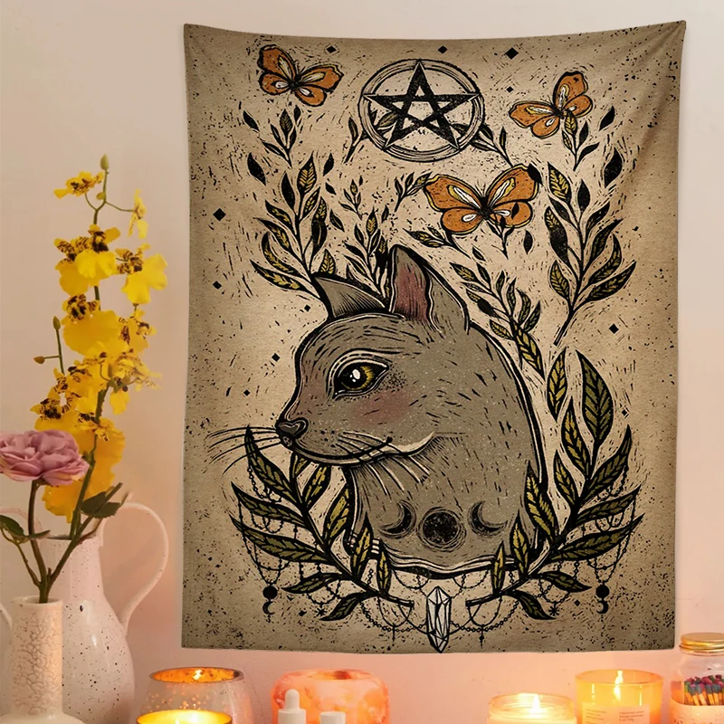 

Cat Mysterious Divination Witchcraft Tapestry Wall Hanging Retro Butterfly Botanical Home Decoration Hippie Mattress Dorm Room